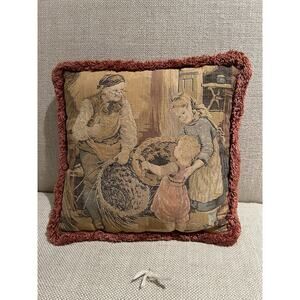 Antique FRENCH TAPESTRY w/ LITTLE GIRL TAKING BROKEN BASKET to the BASKET MAKER
